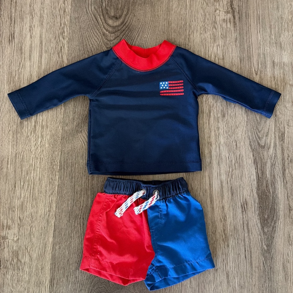 Kids Navy and Red Two-Piece Swim Set with Flag Detail